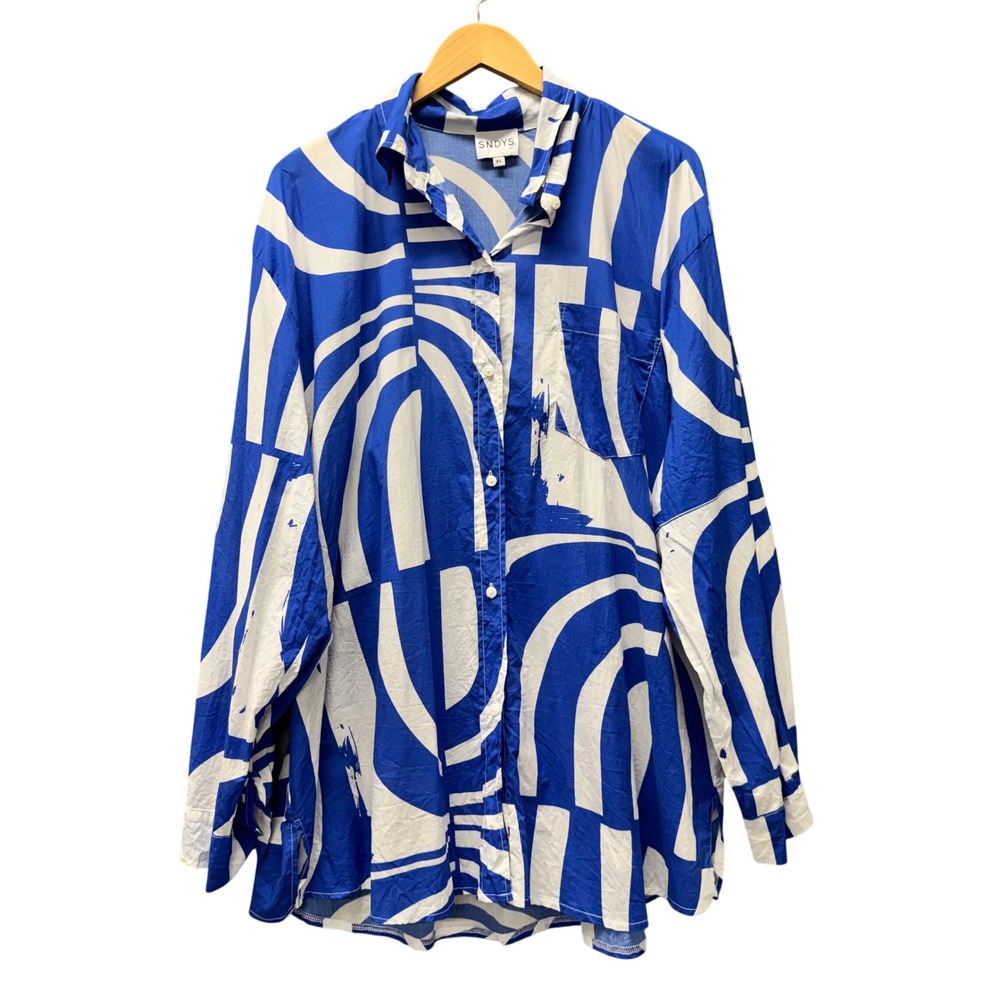 SNDYS Button Up Shirt Womens XL Abstract Print Blue‎ White Geometric Top Coastal